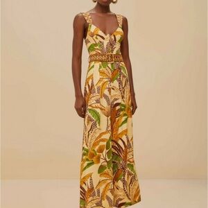 NWT Farm Rio Foliage Sketch Sand Jumpsuit Linen Wide Leg Belted Sz Lg